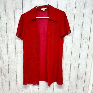 VTG Studio 1 Shirt Women Sz 8P Open Front Red Short Sleeve Sheer Collared Floral